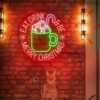 Panneau néon LED « Mangez, buvez et faites la joie de Noël », Lampe murale néon avec motifs de tasses de chocolat chaud et de cannes en sucre, Écran d'affichage électronique