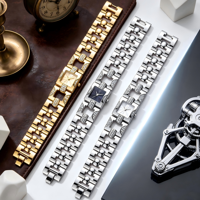 LP60 New Vintage Alloy Case Elegant Gold Silver Ladies Bracelet Watch Square Dial Full Diamond Quartz Pointer Watches for Women