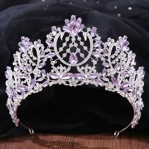 Mahkota Pernikahan untuk Pengantin Ungu Mahkota Desain Campuran Ungu Pengantin Berlian Imitasi Kristal Tiara Mahkota untuk Pengantin Ratu Corona