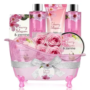 Spa Gift Baskets Women Bath Sets with Cherry Blossom & Jasmine Scent Bubble Bath, Shower Gel, Body & Hand Lotio