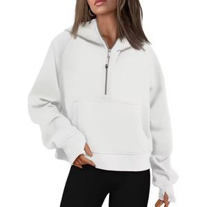 Pull broderie couleur unie uni Beige français éponge ample à manches longues polaire demi fermeture éclair surdimensionné sweat à capuche femmes - Product Image 2