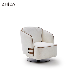 Fauteuil de salon individuel de luxe nordique en mélange coton-lin, chaise de détente moderne à dossier haut avec base métallique rotative - Product Image 3