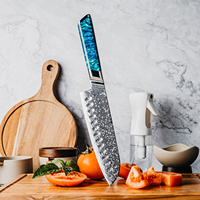 Couteau Santoku Grandsharp 7 pouces en acier Damas de qualité supérieure, 129 couches d'acier Damas, couteaux Santoku japonais avec manche en résine bleue