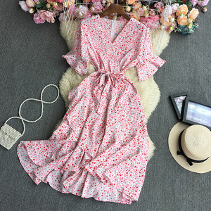 Tunique à manches courtes robe imprimée femmes décontracté col en v robe florale été taille haute jupe longue - Product Image 2