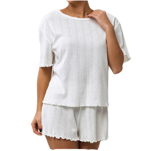 Conjunto de pijama de algodón tejido para mujer, manga corta, cuello redondo, color blanco liso, ropa de dormir informal, pantalones cortos de verano, dos piezas, suave y cómodo - Product Image 1