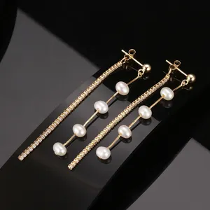 GPE22 RINNTIN Boho Tassel Pearl Earrings CZ 925 Sterling Silver Tennis Chain Long Drop Dangle Chain Earrings for Women Girls