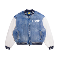 Blouson aviateur en denim délavé pour hommes manteau de pilote universitaire brodé de logo personnalisé avec manches contrastées