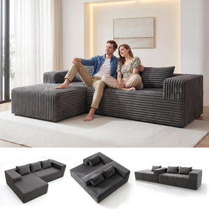 Canapés modulaires de luxe en velours côtelé compressé en forme de L avec coussins, ensemble de canapés de salon, meubles de chaise longue - Product Image 2