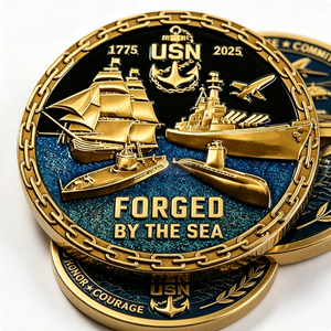 Pièce commémorative USN plaquée or, bronze frappé à l'outil, design circulaire patriotique, forgé par The Sea, honneur, courage, engagement - Product Image 4