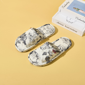 BAIRUILUN Pantoufles d'intérieur rétro françaises imprimées en tissu de coton Tatami, personnalisables, semelle extérieure en pur coton, pantoufles silencieuses pour le sol - Product Image 5