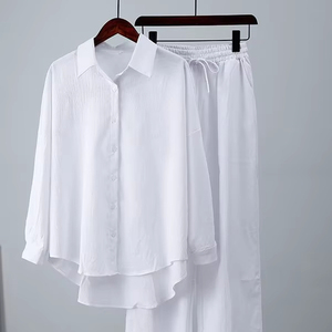 Ensemble décontracté 2 pièces pour femmes, chemise ample à manches longues et <span class=keywords><strong>pantalon</strong></span> large, nouvelle collection mode Europe et Amérique 2025 - Product Image 1
