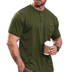 Camiseta Henley de Manga Corta para Hombre, Color Verde Oliva, Corte Regular, Ribete en Contraste, Antiarrugas, Tejido de Punto Casual - Product Image 1