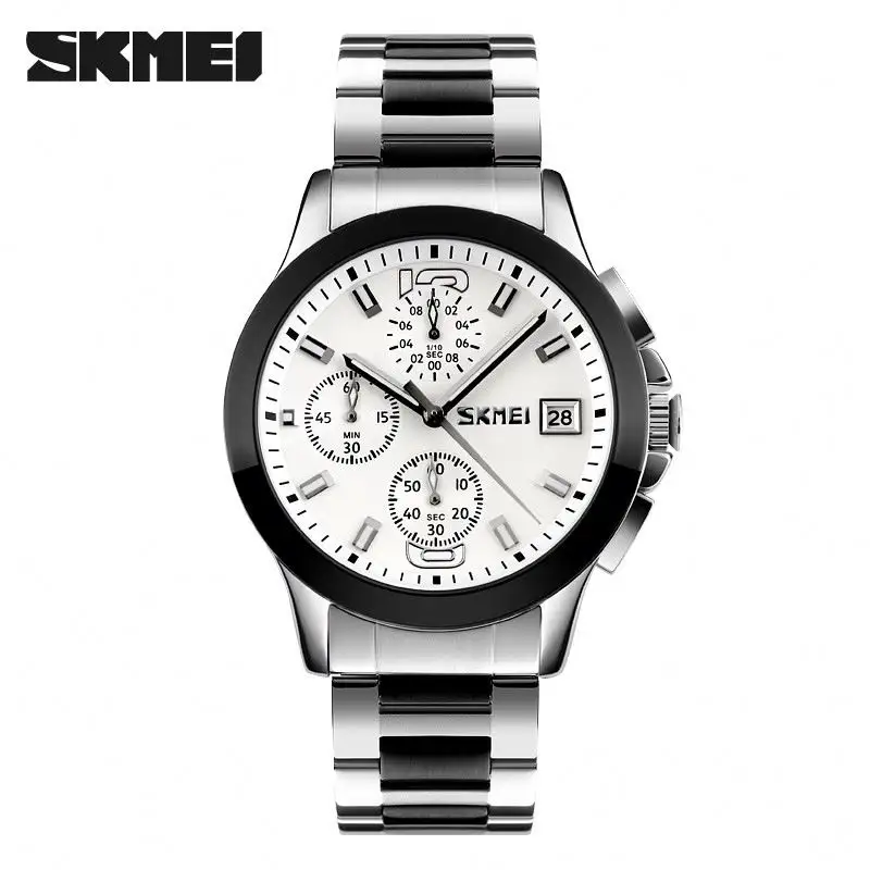 SKMEI 9126นาฬิกาควอทซ์ผู้ชายสีเงินสุดหรูสายเหล็กโครโนกราฟกันน้ำดีไซน์เรียบง่าย