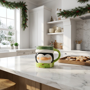 Taza de <span class=keywords><strong>Café</strong></span> de Cerámica con Pingüino <span class=keywords><strong>Kawaii</strong></span> con Gorro y Bufanda Verdes de Navidad, Pintada a Mano con Mejillas Rosadas, Taza para Bebidas Navideñas - Product Image 3