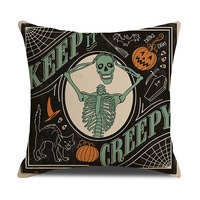 Coussin carré en polyester à imprimé animalier festif pour Halloween et Noël, avec motif citrouille et crâne, pour usage hôtelier