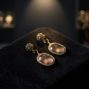 Boucles d'oreilles pendantes Art Palace Vintage en argent 925 plaqué or avec pierre de quartz marron et accent diamant pour femme, bijoux de soirée - Product Image 4