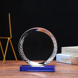 Trofeos de cristal láser 3D MingHuang, placa de cristal redondo con base, trofeo de grabado personalizado