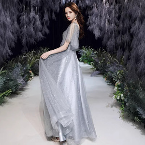 Evening Dress V-Neck A-Line Empire Waist Gray Black 3D Patterns Backless Formal Party Gown - Product Image 3