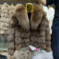 Manteau en fourrure de renard véritable avec col pour femme, mode hiver, élégant et naturel, veste en cuir et fourrure véritable