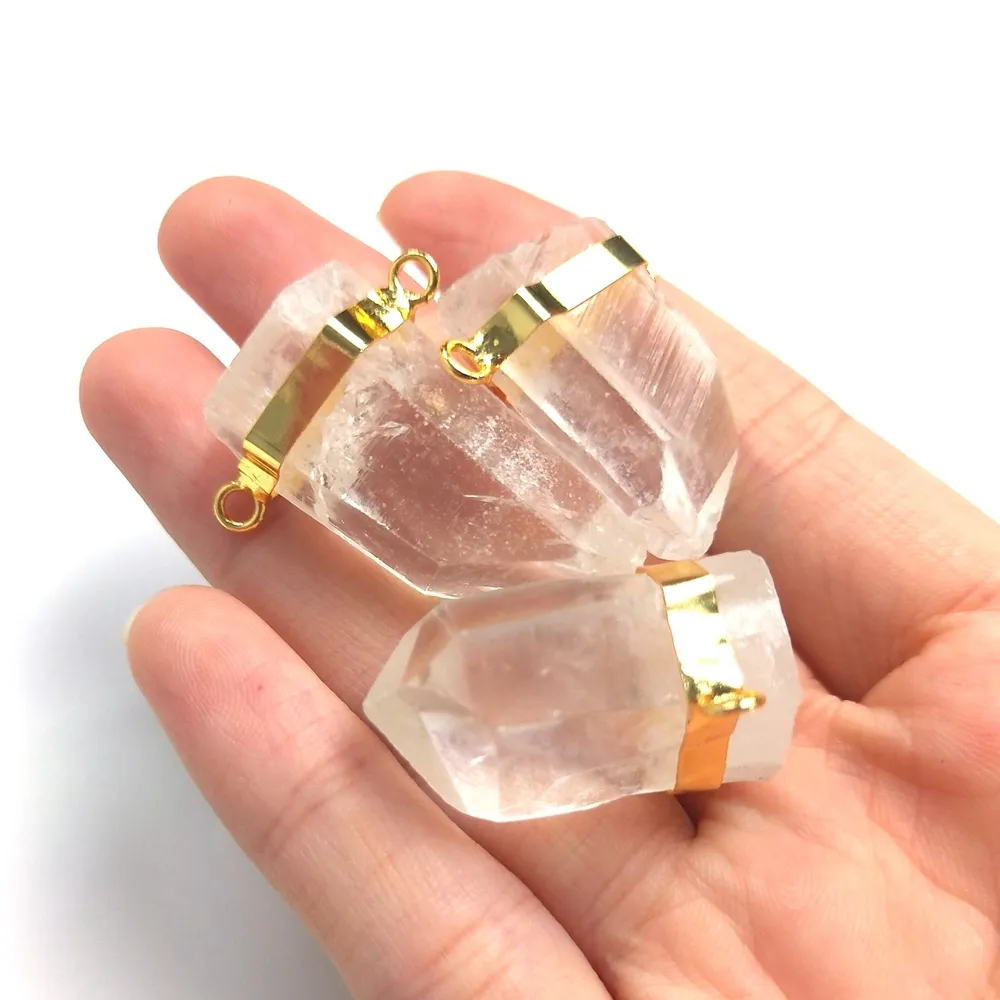 Hot Sale White Crystal Double Bail Pendant Point Shape Gold Plated Top Connector Jewelry Clear Quartz Charms for Handmade Crafts