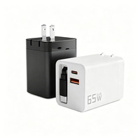 Chargeur rapide GaN 65W 2 ports USB-A/Type-C PD avec câble USB-C rétractable pour ordinateur portable, téléphone, tablette, appareil photo, logo personnalisé gratuit