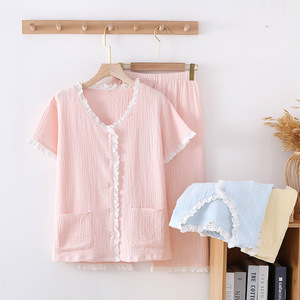 Vêtements de nuit d'été à manches courtes pour femmes Pantalon en pur coton avec taille élastique Vêtements de maison confortables pour femmes - Product Image 5