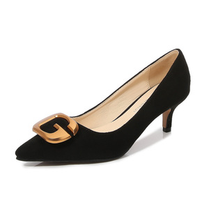 Xuanhui Korean Style Metal Buckle <strong>Red</strong> <strong>Suede</strong> Kitten Heel Pumps Pointed Toe slip on 5cm High Heels Woman <strong>Shoes</strong> for Party Office - Product Image 4