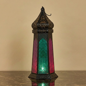 Wholesale Gold Taper Metal Moroccan <b>Tea</b> <b>Light</b> Candle Holder <b>Lantern</b> with Colorful Floral Glass - Product Image 6