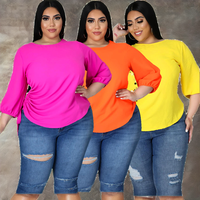 T-shirts en tricot pour femmes grande taille, décontractés, respirants, écologiques, couleur unie, col rond, manches trois quarts, vente en gros