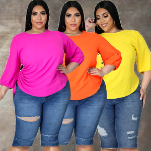 Wholesale Plus Size <b>Tshirts</b> Summer Breathable Solid Color Crew Neck Plus Size Women's Irregular Three Quarter Womens <b>Tshirts</b>. - Product Image 2