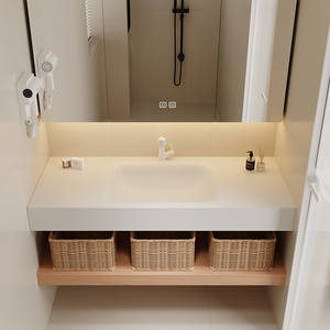 Mueble de baño de color madera natural, lavabo integrado de cerámica, espejo inteligente sencillo, lavabo para baño doméstico - Product Image 5
