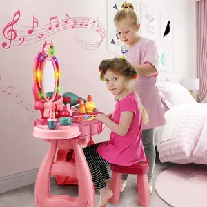 거울 음악 빛 유도 메이크업 테이블 미용실 놀이 세트 장난감 어린이 어린 소녀 드레싱 테이블 장난감 미용실