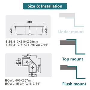 Évier d'angle de cuisine <span class=keywords><strong>en</strong></span> acier inoxydable, Double bol, lavabo à montage supérieur, 304 - Product Image 2