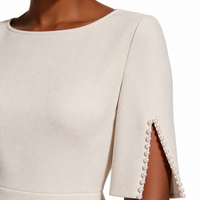 Robe fourreau beige pour femme avec manches perlées, logo personnalisé, marque privée, faible MOQ, OEM, ODM, vente en gros, bureau, affaires