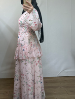 R-869 Abaya élégante en mousseline respirante pour l'été, vêtement islamique à volants, imprimé floral, longueur cheville, manches longues pour femme
