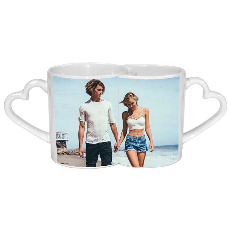 Sublimation 11oz weiße leere Paar Tasse für Paare 2 als 1 Satz Valentinstag Paar Tasse Geschenkset mit Herz griff