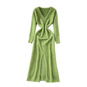 Vestido midi de punto elegante con cuello en V y abertura para mujer, estilo imperio, ideal para el verano - Product Image 5