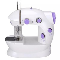 Machine à coudre portable mini blanche et violette, corps compact avec barre à aiguille, pied presseur, broche à bobine, interrupteur à deux positions, table de travail pour
