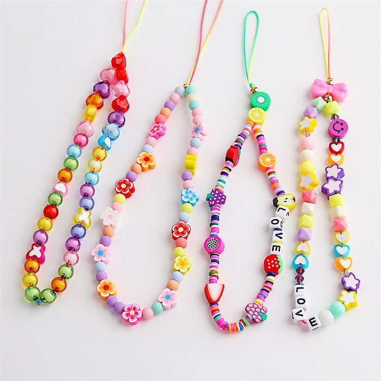 Hot Sale Cute Colorful Soft Bead Mobile Phone Case Hanging Strap, Love Smile Pearl Beaded Chains Rope for Cell Phone Cover