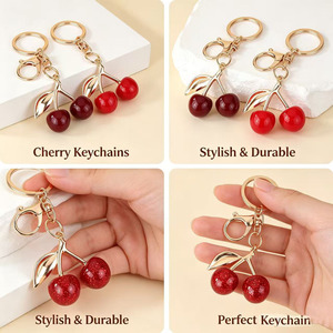 <b>Cute</b> Cherry Shape Keychain With Gold Plated Metal And Red Plastic Fruit Design For Women And Girls Accessory - Product Image 4