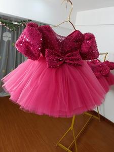 2024 New Custom Pailletten Red Flower Girl Kleid Party Wear Kinder 1 Jahre alt Baby Geburtstag Fluffy Princess Pink Blue Puffy Dr. - Product Image 2