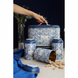 Kontensan 4-Piece Round Tin Kitchen Set with Dome <b>Lid</b> Azulejo-Inspired Blue & White <b>Decorative</b> Pattern - Product Image 3