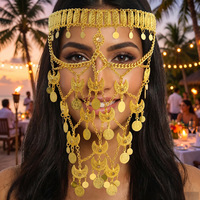 Coiffe de style arabe en métal lourd avec pièce de monnaie ancienne et croissant de lune, masque facial, chaîne de visage à pampilles et coiffe de performance pour femmes