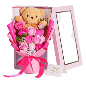 Bouquet de fleurs en savon éternel dans un coffret cadeau avec ours en peluche - Nouvelle saison de la Saint-Valentin et de la remise des diplômes, bouquet artificiel simulé - Product Image 5