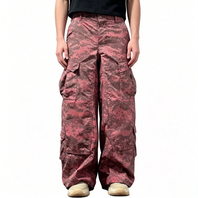 Mens 100% Cotton Distressed Pink Baggy Wide Leg Multi Pocket Vintage Hip Hop Streetwear Camo Cargo Pants