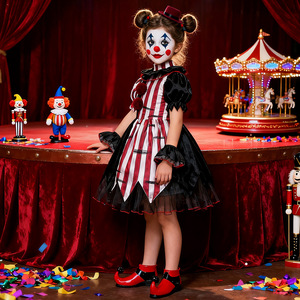 Yi Xiaoyi Disfraz de payaso para niños, traje de circo para niñas, vestido de Halloween con sombrero y mangas a rayas rojas y blancas - Product Image 2