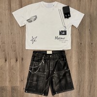 Ensemble d'été respirant 100 % coton personnalisé en usine, style streetwear, t-shirt et short imprimés numériquement DTG, strass thermocollants personnalisés