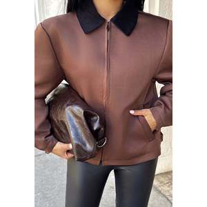Women's Brown Jacket with <b>Zipper</b> and Pocket Detail - Product Image 4