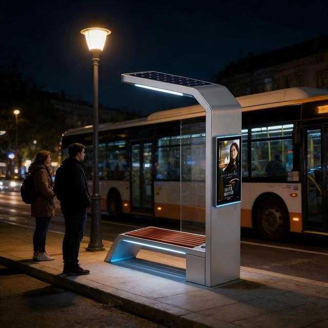 Outdoor Solar Smart Public Bench with LED Lighting, Mobile Charging, Advertising Screen for Park Bus Stop Street Furniture
