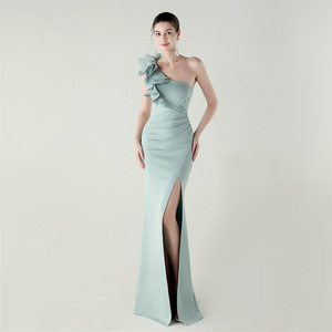 33669 #   Vestido de Noche Sexy con Abertura Alta, Diseño de Onda, Satén Brillante, Un Hombro Descubierto, <span class=keywords><strong>para</strong></span> Cena, Fiesta, Boda, Redes Sociales - Product Image 6